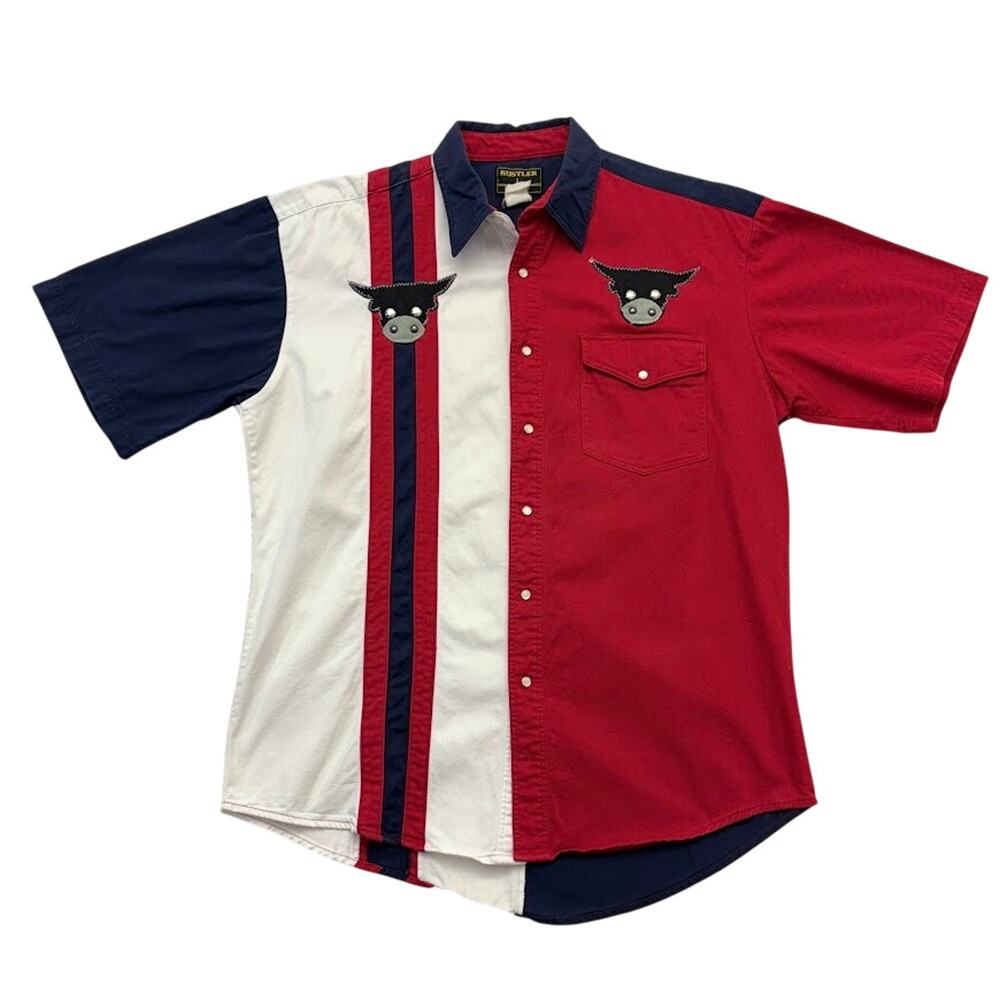 Vintage Rustler Western Pearl Snap Shirt Red White Blue Bull Applique Rodeo L